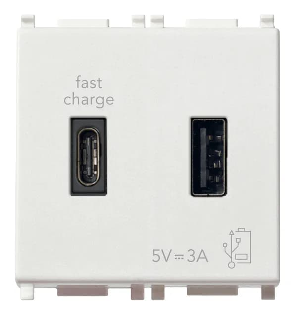 PLANA: A+C-USB, 2-Module, White, 5V, 3A, 120-240V, 50/60Hz
